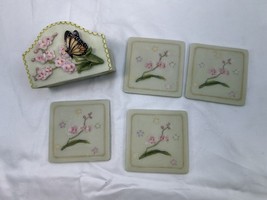 Set Of 4 Stone Hand Painted Coasters W Holder 3D Butterfly &amp; Flowers Scu... - $17.32