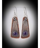 Silver and copper earrings, amethyst, elongated rectangular - £75.95 GBP