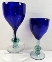 (2) Mexican Hand Blown Cobalt Blue Art Wine Glasses Set Etch Clear Stemware Lot - £25.30 GBP