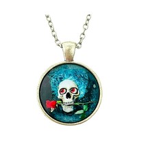 Skull Rose Red Eyes Crazy Hair Glass Cabochon Altered Art Halloween Necklace - £7.50 GBP