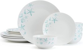 12 Piece Dinnerware Set For 4 Porcelain Dishes Plates Bowls White Blue Sea Coast - £54.25 GBP