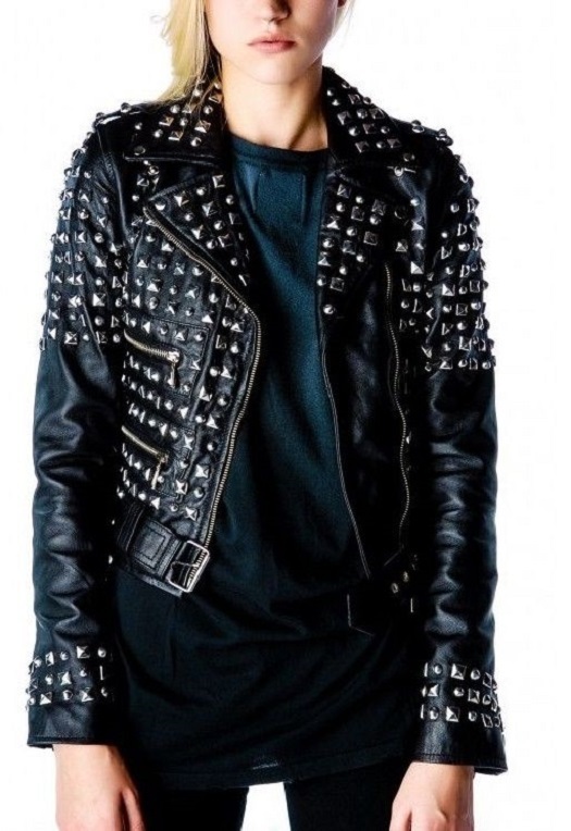 Women Black Biker Genuine Leather Belted Buckle Straps Silver Studded Jacket