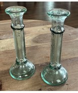 1990&#39;s Glass Light Green Column Candle Holders 7.8” Inches Tall - $15.00