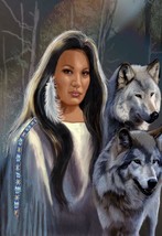 framed canvas art print giclée native american maiden with wolfs gina f 11&quot;X16&quot; - £33.46 GBP