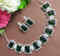 Bollywood Style Indian Emerald Silver Plated CZ Necklace Choker Jewelry Set - £75.93 GBP
