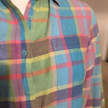 Jones New York Sport Blouse Shirt L Pink &amp; Green &amp; Blue Check 100% Linen... - £17.60 GBP