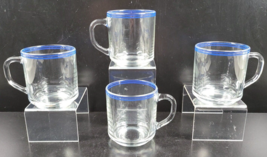 4 Arcoroc Blue Double Banded Mugs Clear Coffee Tea Drink Cups Cristal France Lot - £47.37 GBP