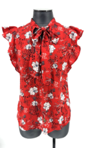 Red Floral Tie Neck Blouse Ruffle Cap SLeeve Lightweight Top XS - $24.74