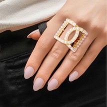 Cream Pearl Double D Gold Plated Stretch Ring For Women Fashion Jewelry - £22.68 GBP