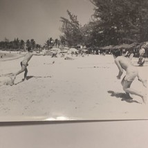 Men playing game on beach sand paddle ball found black &amp; white photo - £7.17 GBP