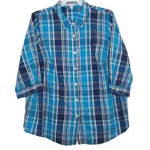 Woman Within Size 1X Blouse Button Front Collared 3/4 Sleeve Blue Plaid - $13.97