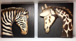 Zebra &amp; Giraffe Raised Figures Home Decor pictures. 14”x14”. - £53.54 GBP