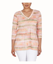 Ruby Rd Embellished Tropical Multicolor Stripe Burnout Sheer vneck tunic Small - £19.57 GBP