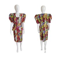 Vintage 80s Peplum Raul Blanco Silk Puff Sleeve Ruched Retro Jacket and ... - $272.25