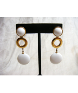 Vintage White &amp; Gold Toned Dangle Pierced Earrings Round Disc 15-k - $24.74