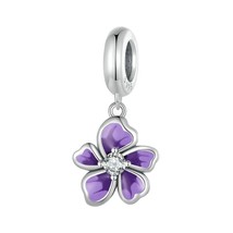 925 Sterling Silver Four-Leaf Clover Pendant Charms Purple Flower Beads Jewelry - £9.01 GBP