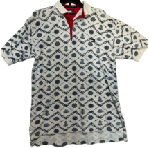 Tommy Hilfiger Short Sleeve Polo Shirt Men&#39;s Medium White Grey Nautical Print - £24.35 GBP