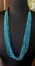 Multi-Stranded Vtg Glass Beaded NECKLACE Turquoise and Silver Tone 14.5&quot; Drop - £10.11 GBP