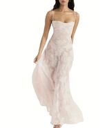 Pale Pink Brocade Lace Up Back Low Cut Spaghetti Strap Floor Length Summ... - $79.95