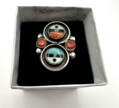 Navajo Zuni Sterling Silver Sun Face Turquoise Coral Onyx MOP Ring Size 4.5 VTG - £21.93 GBP
