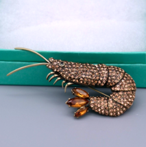 Vintage Shrimp Crustacean Rhinestone Brooch Pin Gold Tone Signed BR - £22.45 GBP