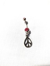Peace Sign Teardrop Rain Drop Shape Pewter Charm On 14g Pink Cz Belly Ring - $6.99