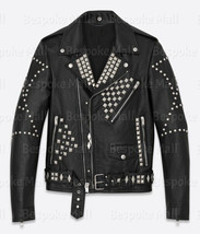 New Men&#39;s Handmade Black Full Silver Punk Studded Rivets Leather Jacket-690 - £222.02 GBP
