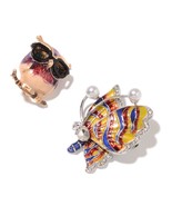 2 Multi Color Gems Crystal, Chroma Enameled Dual Owl &amp; Butterfly Brooch ... - £18.97 GBP