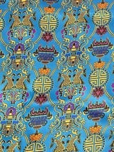 Vintage Fabric Asian Satin Blue Floral Symbols Mid Century Modern MCM 4 ... - $60.00