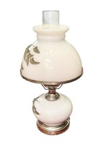 Vintage Milk Glass Hurricane Table Lamp Floral Brass Base Works 16.75” image 3