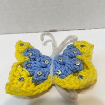 Vintage Handmade Crocheted Butterfly Refrigerator Magnet Blue Yellow 4.25 Inches - £7.67 GBP