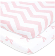 Joey + Joan Pack &amp; Play Fitted Sheet Set 2 pk 27x39&quot; Pink Chevron Bows M... - £13.73 GBP