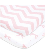 Joey + Joan Pack &amp; Play Fitted Sheet Set 2 pk 27x39&quot; Pink Chevron Bows M... - £13.78 GBP