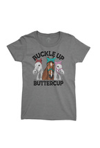 Women&#39;s Country Buckle Up Buttercup Horses Gray Graphic T-Shirt - $26.99