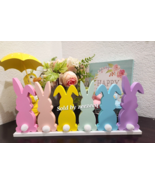 Easter Pastel Wood Bunny Rabbits Bunnies 3D Tails Figurines Decor New - $48.77 CAD