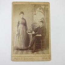 Cabinet Card Photograph Young Man Sits Young Lady Stands at Table Antique 1880s - £7.82 GBP
