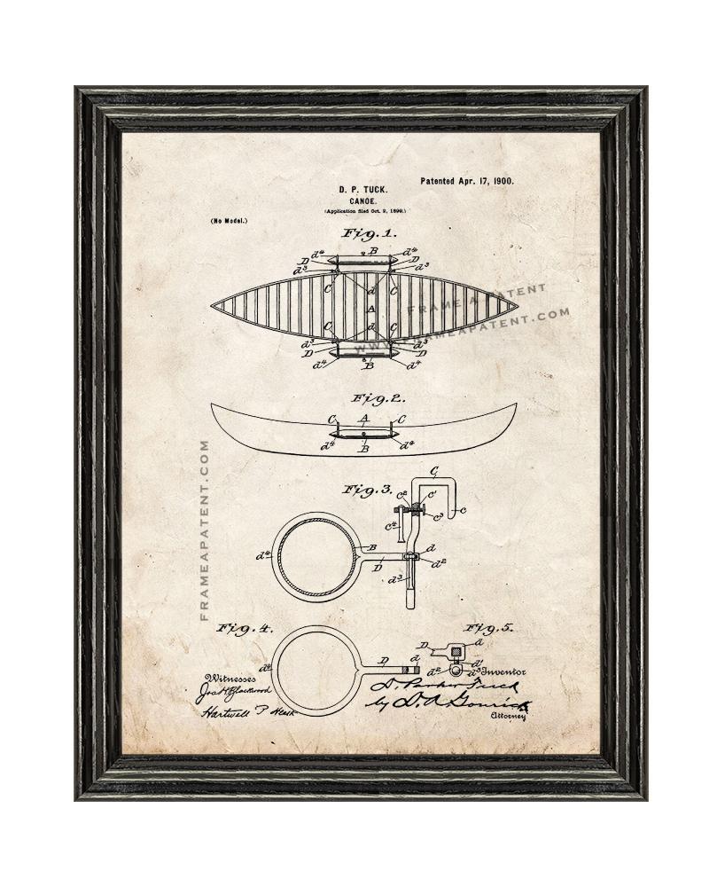 Canoe Patent Print Old Look with Black Wood Frame
