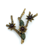 GARNET CABOCHON flower brooch - figural tree branch &amp; leaves metal ename... - £21.92 GBP