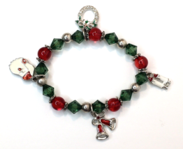Red &amp; Green Festive Christmas Stretch Bracelet SMALL Silver Tone Charms - £6.24 GBP