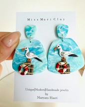 ocean clay earrings, sea gull earrings, handmade clay earrings - $75.00