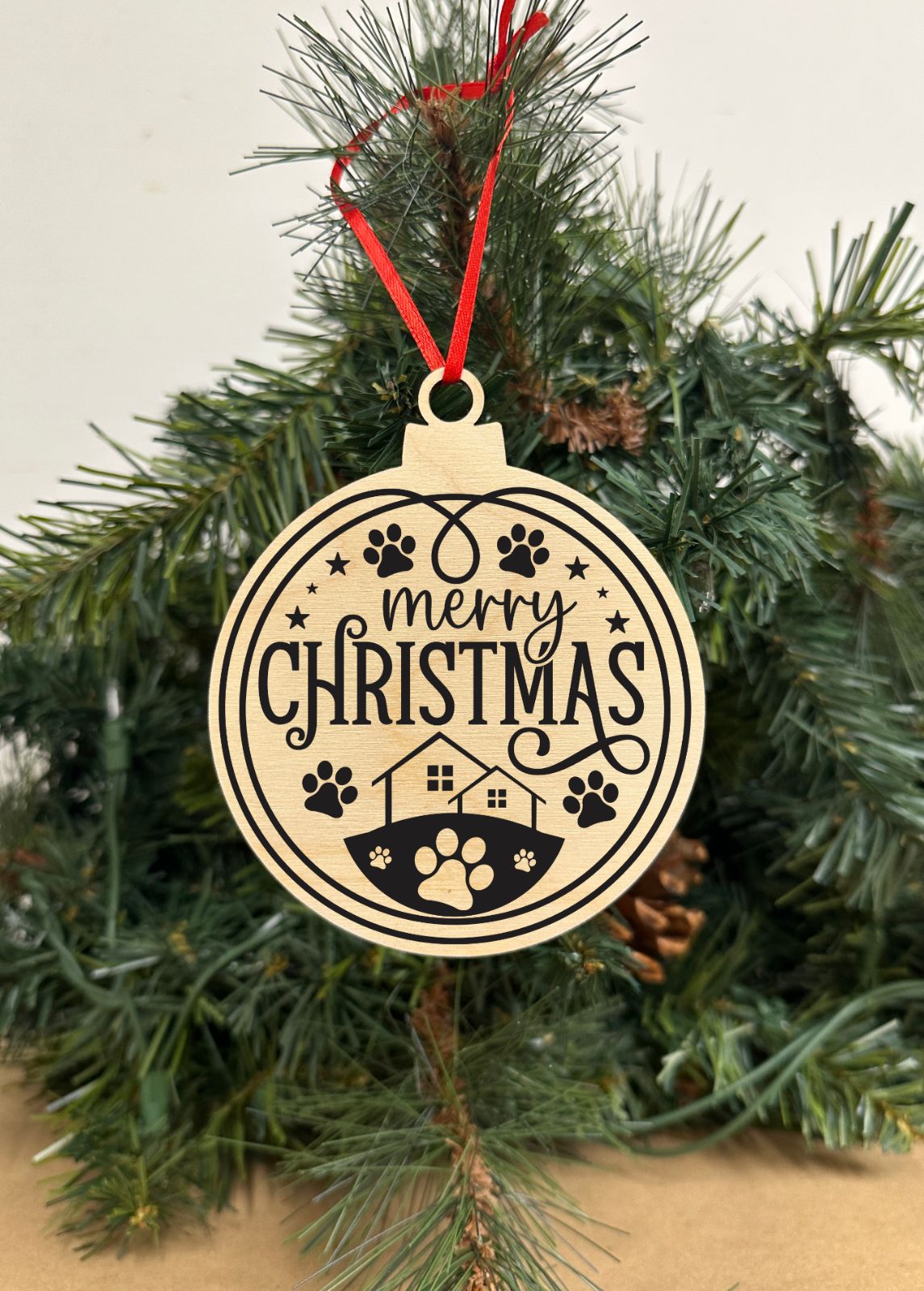 Merry Christmas Engraved Wooden Christmas ornament, Snowball shape, Holi... - $7.69