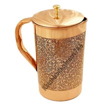 Copper Water Pitcher Jug Water Drinking Tumbler Embossed Health Benefits 1500ML - £20.96 GBP