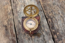 Handmade compass nautical Brass sundial with chain and leather case gift item - £47.12 GBP