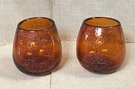 Hand Blown Glass Orange With Silver Flakes Candle Holder Set Groovy Retro - £24.92 GBP