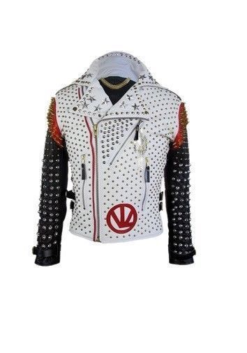 Men Handmade Victor Luna White Black Studded Leather Jacket, Men Fashion Jacket