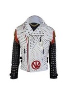 Men Handmade Victor Luna White Black Studded Leather Jacket, Men Fashion Jacket - £179.84 GBP