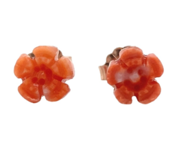 14k Rose Gold Carved Genuine Natural Coral Flower Stud Earrings (#J7350) - $173.25