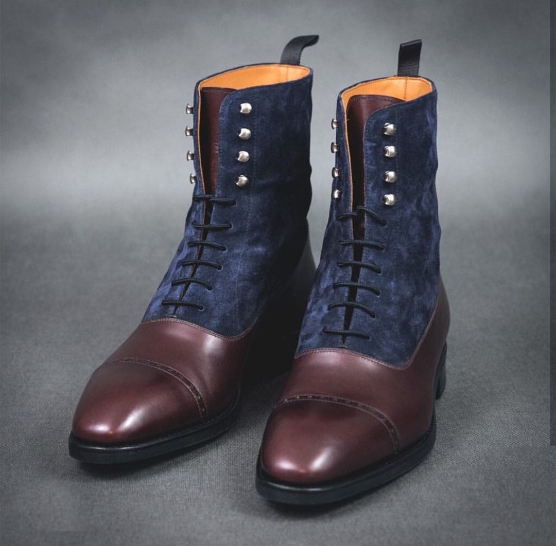 NEW Handmade Men's Burgundy Navy Blue Lace Up boot, Men's Cap Toe Leather Suede