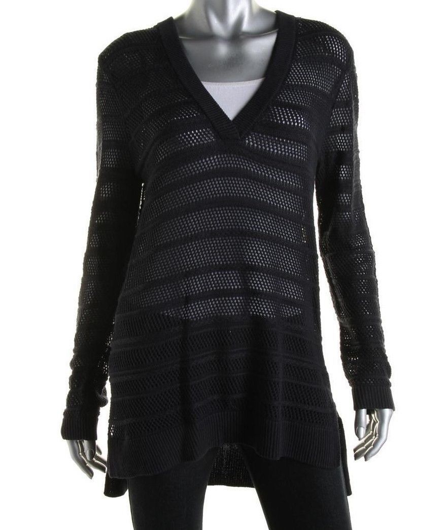 MICHAEL Michael Kors Women Hi Low Mesh Tunic Knit Navy Sweater Top - $31.99