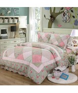 3pc. Pink &amp; Green Floral Patchwork 100% Cotton Queen Bedspread Quilt Set - £177.81 GBP